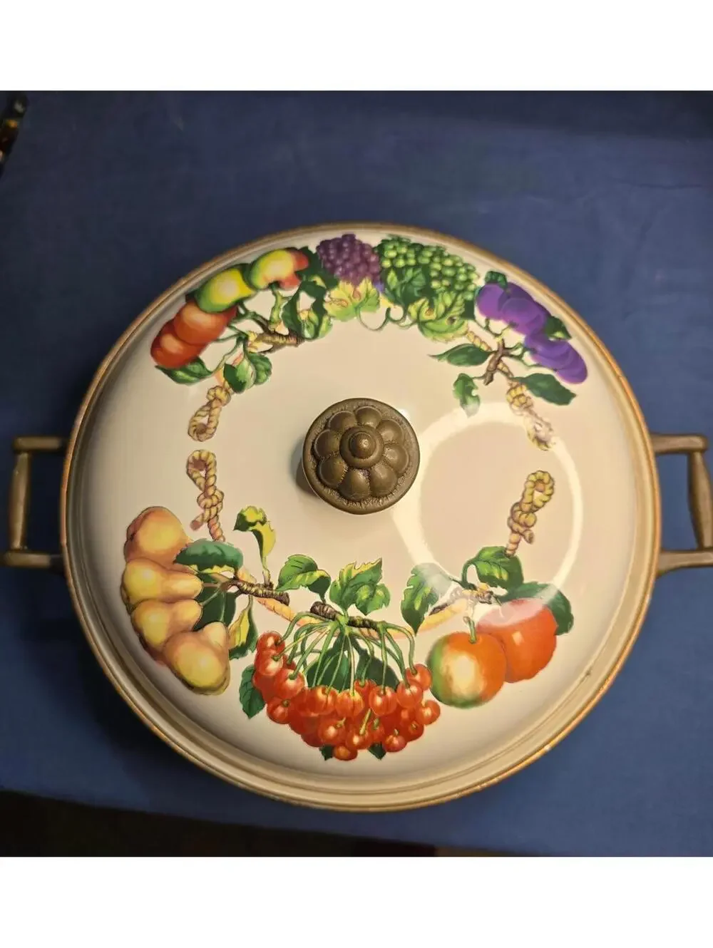 Vintage Porcelain Casserole Brass Handles Villa Grande Tabletops Unlimited Grape